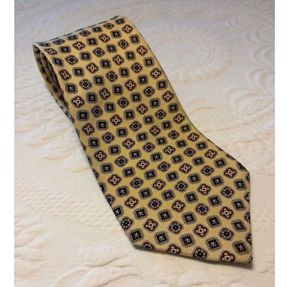 Vintage Tommy Hilfiger Italian Silk Tie Yellow Medallion Geometric USA Wide 90s